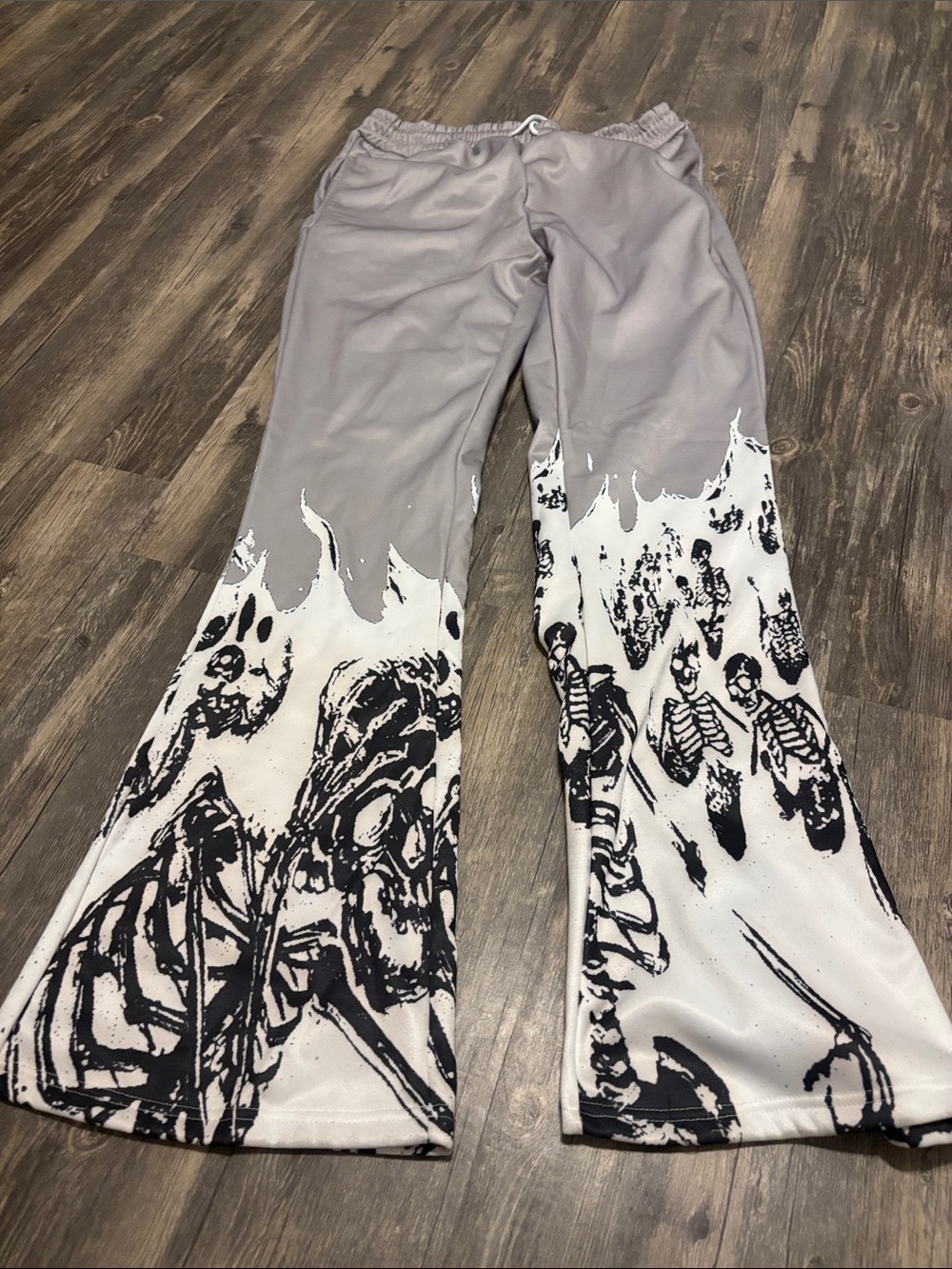Gray Graphic Flare Pants with Skeleton Print good for Halloween